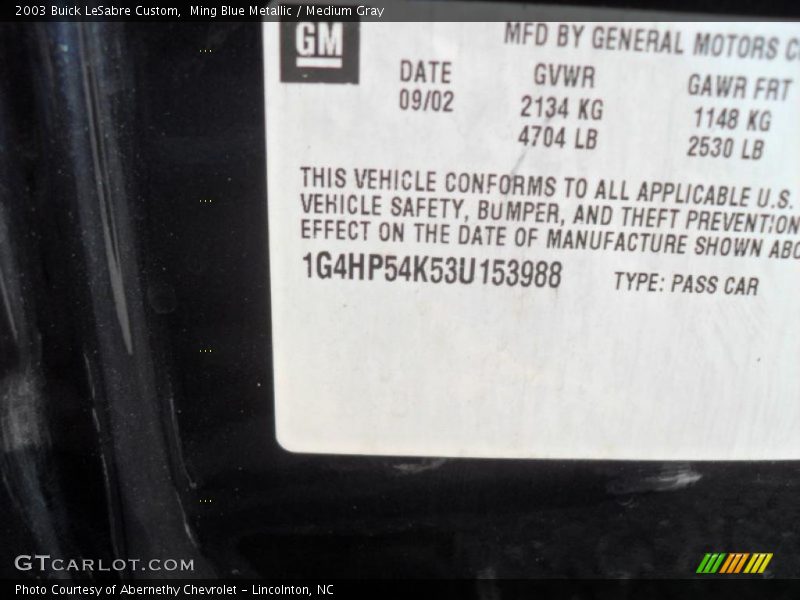 Ming Blue Metallic / Medium Gray 2003 Buick LeSabre Custom