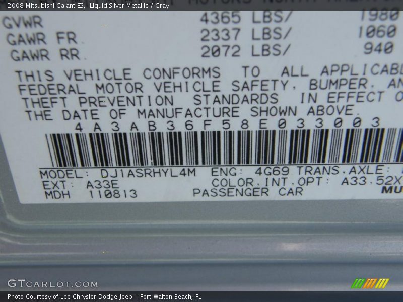 Liquid Silver Metallic / Gray 2008 Mitsubishi Galant ES