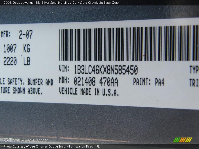 Silver Steel Metallic / Dark Slate Gray/Light Slate Gray 2008 Dodge Avenger SE