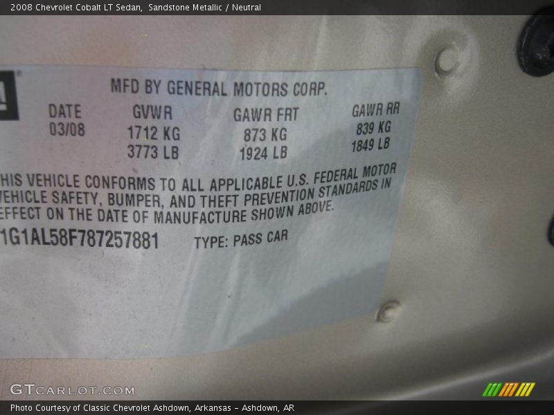 Sandstone Metallic / Neutral 2008 Chevrolet Cobalt LT Sedan