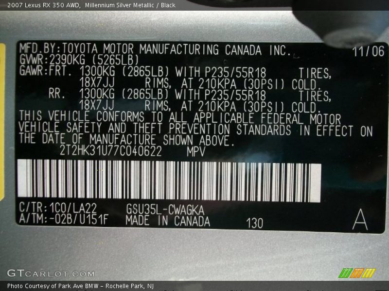 Millennium Silver Metallic / Black 2007 Lexus RX 350 AWD