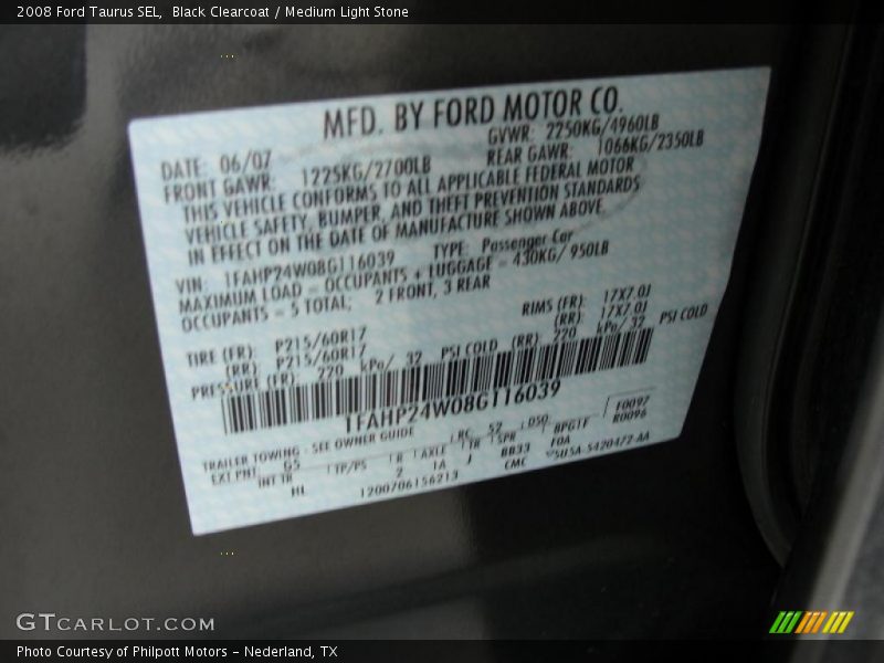 Black Clearcoat / Medium Light Stone 2008 Ford Taurus SEL