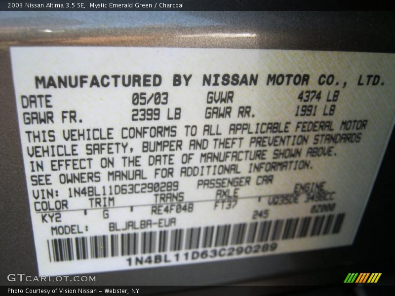 Mystic Emerald Green / Charcoal 2003 Nissan Altima 3.5 SE