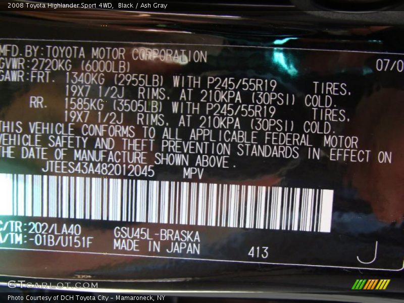 Black / Ash Gray 2008 Toyota Highlander Sport 4WD