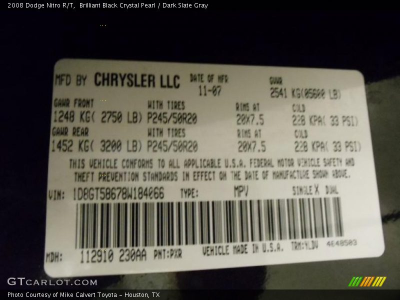 Brilliant Black Crystal Pearl / Dark Slate Gray 2008 Dodge Nitro R/T