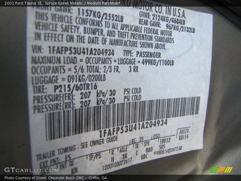 Spruce Green Metallic / Medium Parchment 2001 Ford Taurus SE