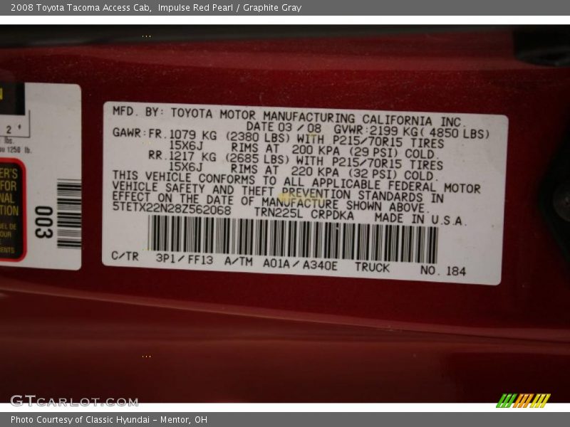 Impulse Red Pearl / Graphite Gray 2008 Toyota Tacoma Access Cab