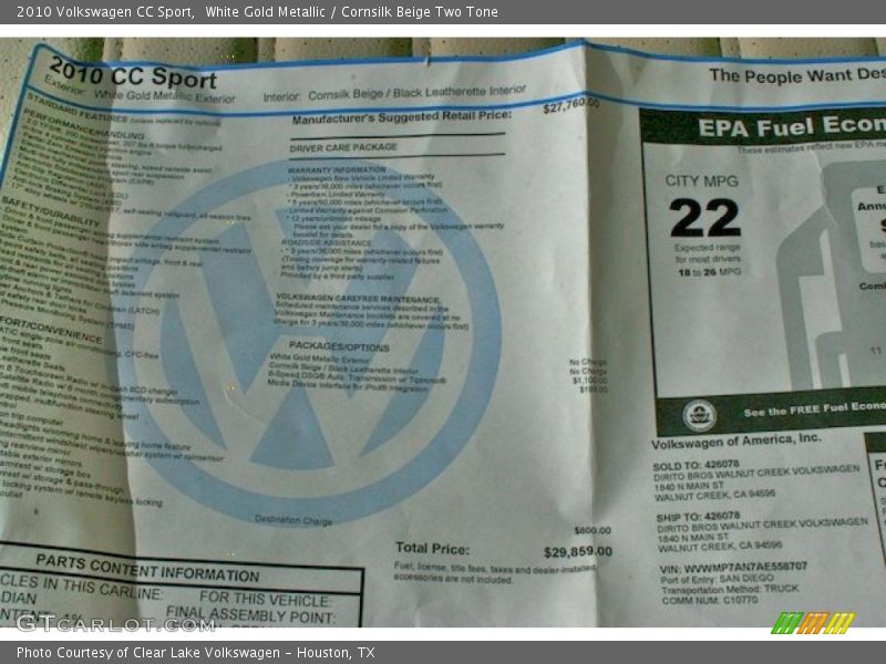 White Gold Metallic / Cornsilk Beige Two Tone 2010 Volkswagen CC Sport