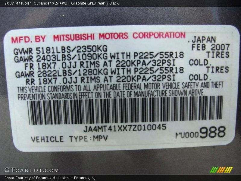 Graphite Gray Pearl / Black 2007 Mitsubishi Outlander XLS 4WD