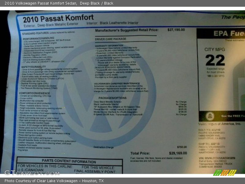 Deep Black / Black 2010 Volkswagen Passat Komfort Sedan