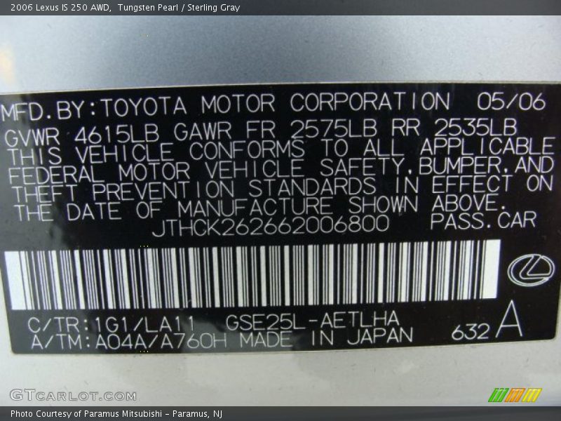 Tungsten Pearl / Sterling Gray 2006 Lexus IS 250 AWD