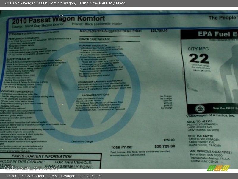 Island Gray Metallic / Black 2010 Volkswagen Passat Komfort Wagon