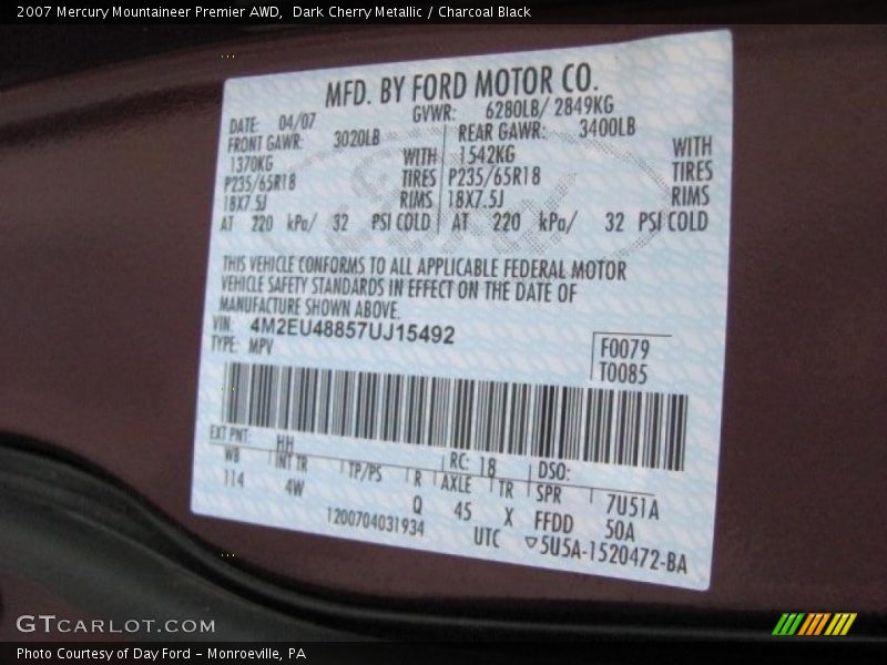 Dark Cherry Metallic / Charcoal Black 2007 Mercury Mountaineer Premier AWD