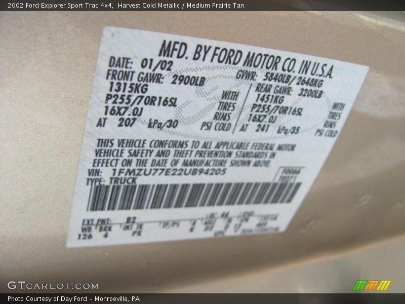 Harvest Gold Metallic / Medium Prairie Tan 2002 Ford Explorer Sport Trac 4x4