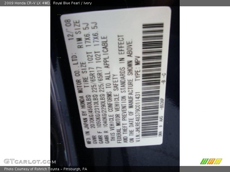 Royal Blue Pearl / Ivory 2009 Honda CR-V LX 4WD