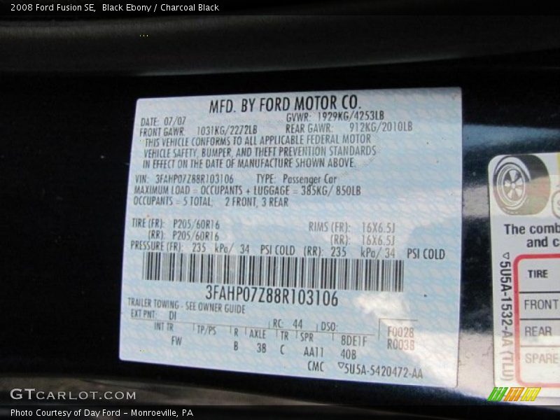 Black Ebony / Charcoal Black 2008 Ford Fusion SE
