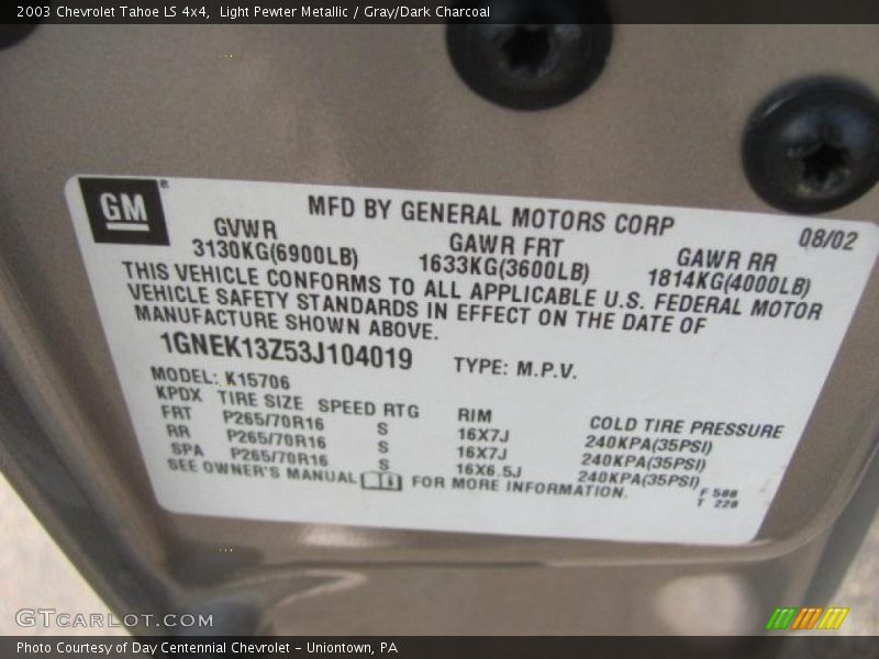 Light Pewter Metallic / Gray/Dark Charcoal 2003 Chevrolet Tahoe LS 4x4
