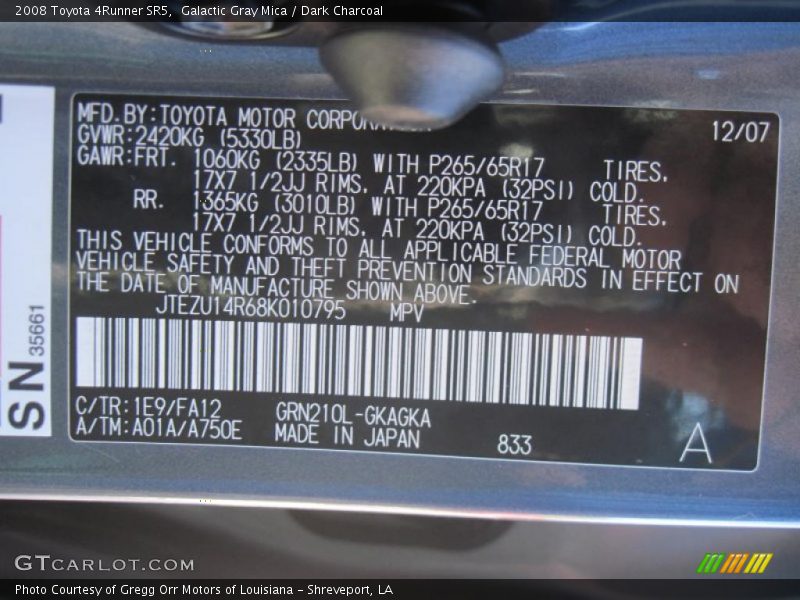 Galactic Gray Mica / Dark Charcoal 2008 Toyota 4Runner SR5