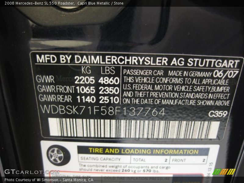 Capri Blue Metallic / Stone 2008 Mercedes-Benz SL 550 Roadster