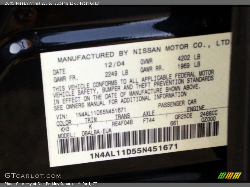 Super Black / Frost Gray 2005 Nissan Altima 2.5 S