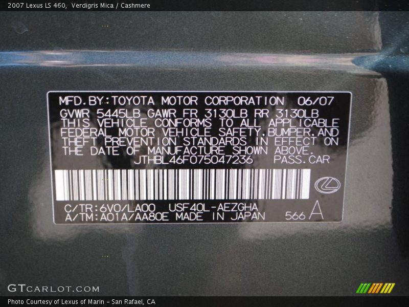 Verdigris Mica / Cashmere 2007 Lexus LS 460