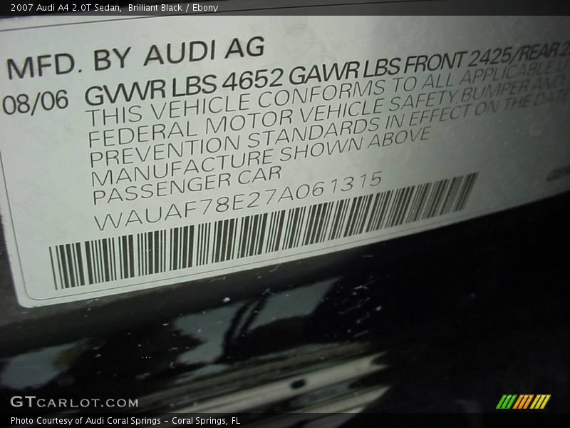 Brilliant Black / Ebony 2007 Audi A4 2.0T Sedan