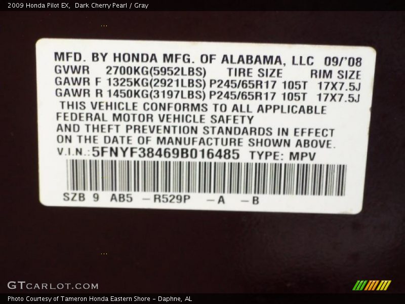 Dark Cherry Pearl / Gray 2009 Honda Pilot EX