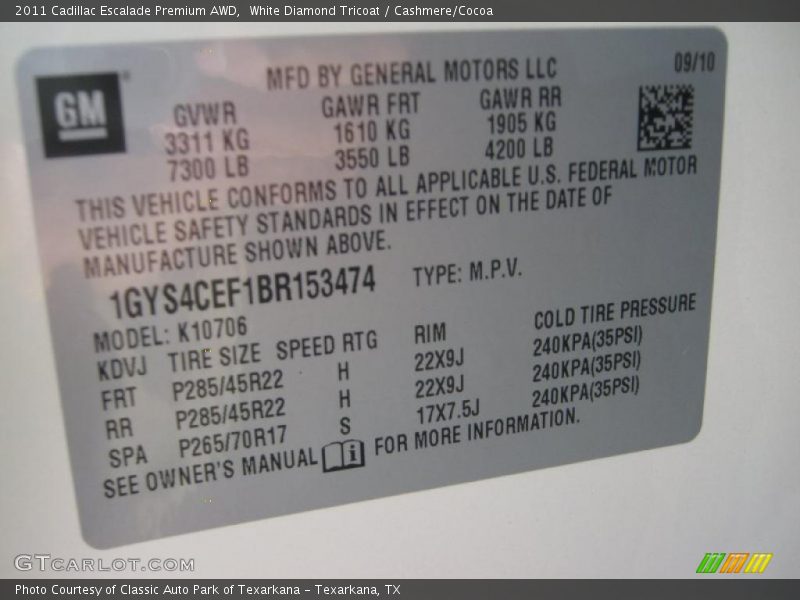White Diamond Tricoat / Cashmere/Cocoa 2011 Cadillac Escalade Premium AWD