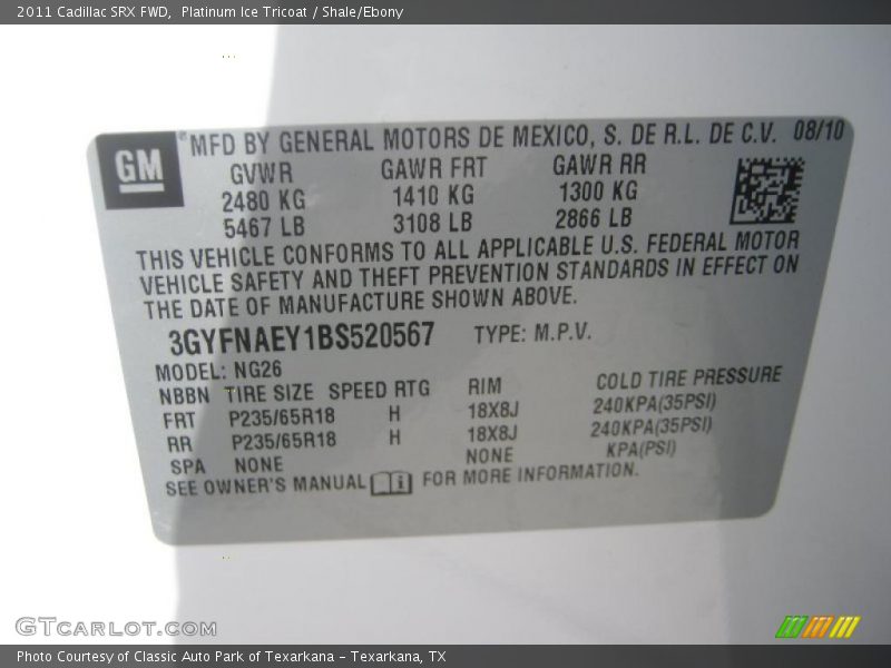 Platinum Ice Tricoat / Shale/Ebony 2011 Cadillac SRX FWD