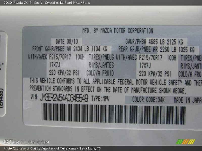 Crystal White Pearl Mica / Sand 2010 Mazda CX-7 i Sport