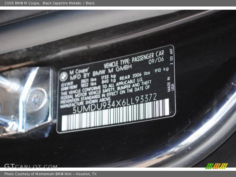 Black Sapphire Metallic / Black 2006 BMW M Coupe