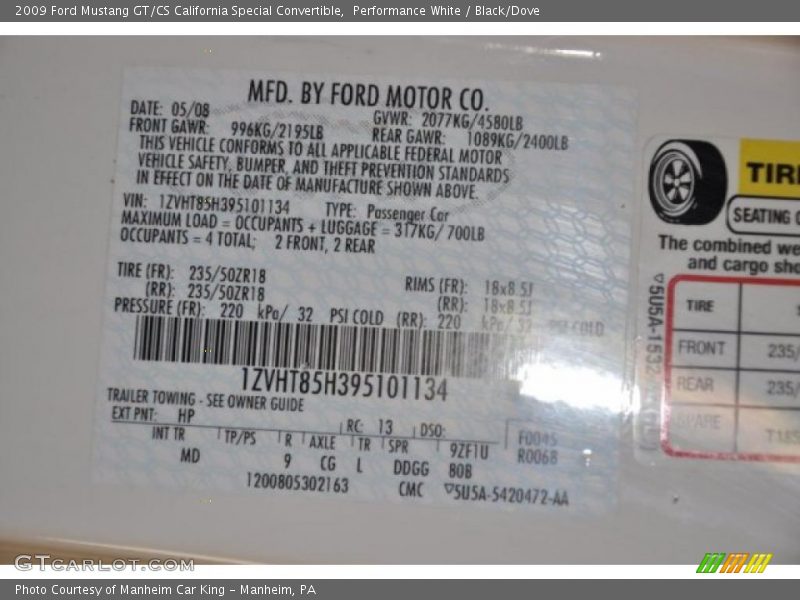 Performance White / Black/Dove 2009 Ford Mustang GT/CS California Special Convertible