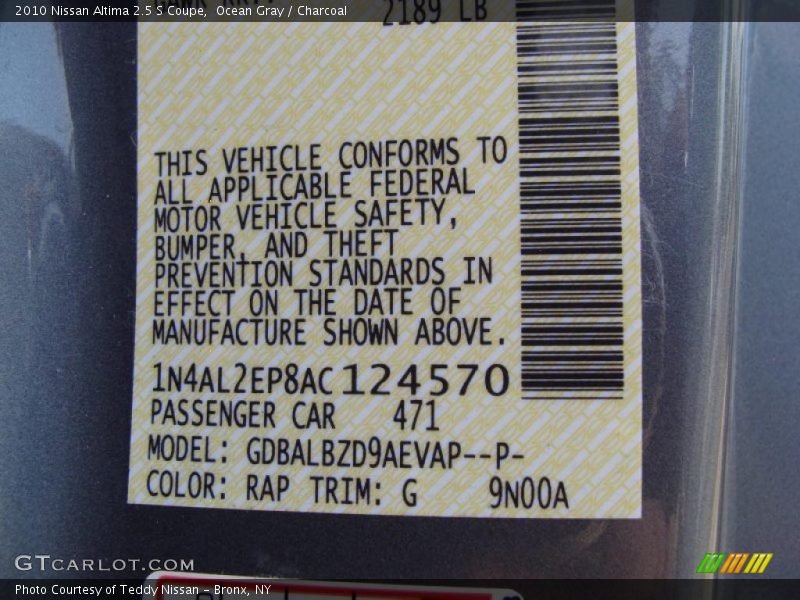 Ocean Gray / Charcoal 2010 Nissan Altima 2.5 S Coupe