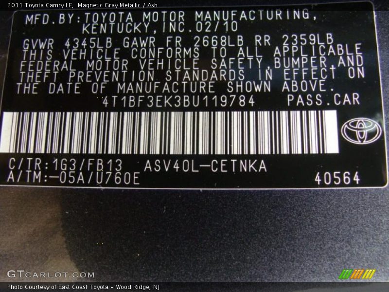 Magnetic Gray Metallic / Ash 2011 Toyota Camry LE