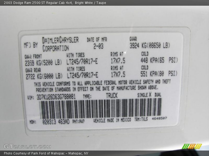 Bright White / Taupe 2003 Dodge Ram 2500 ST Regular Cab 4x4
