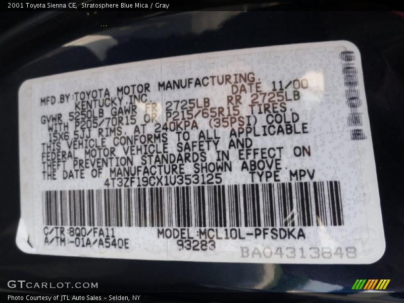 Stratosphere Blue Mica / Gray 2001 Toyota Sienna CE