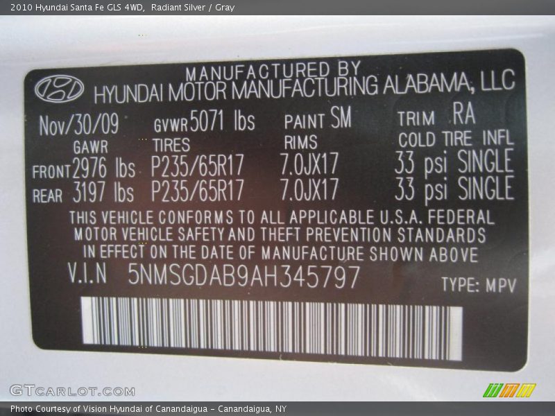 Radiant Silver / Gray 2010 Hyundai Santa Fe GLS 4WD