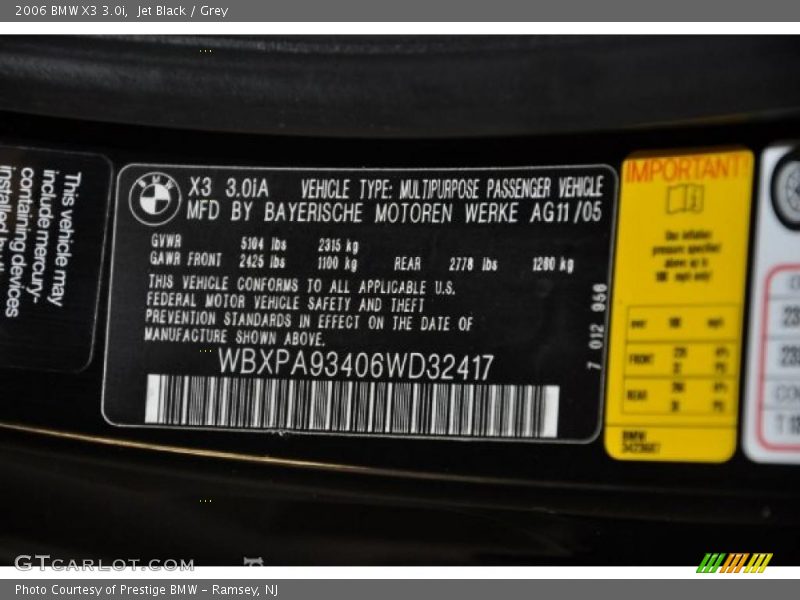 Jet Black / Grey 2006 BMW X3 3.0i