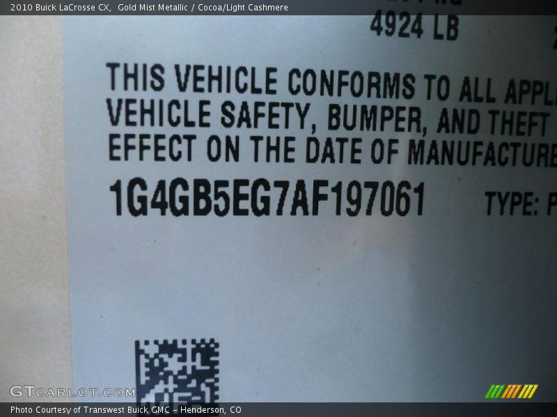 Gold Mist Metallic / Cocoa/Light Cashmere 2010 Buick LaCrosse CX