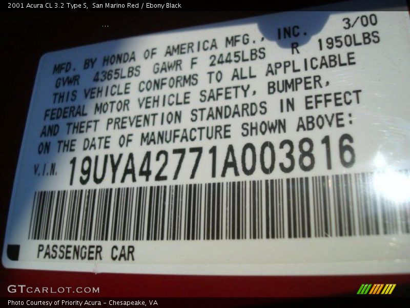 San Marino Red / Ebony Black 2001 Acura CL 3.2 Type S