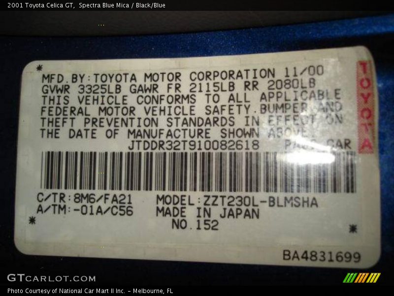 Spectra Blue Mica / Black/Blue 2001 Toyota Celica GT