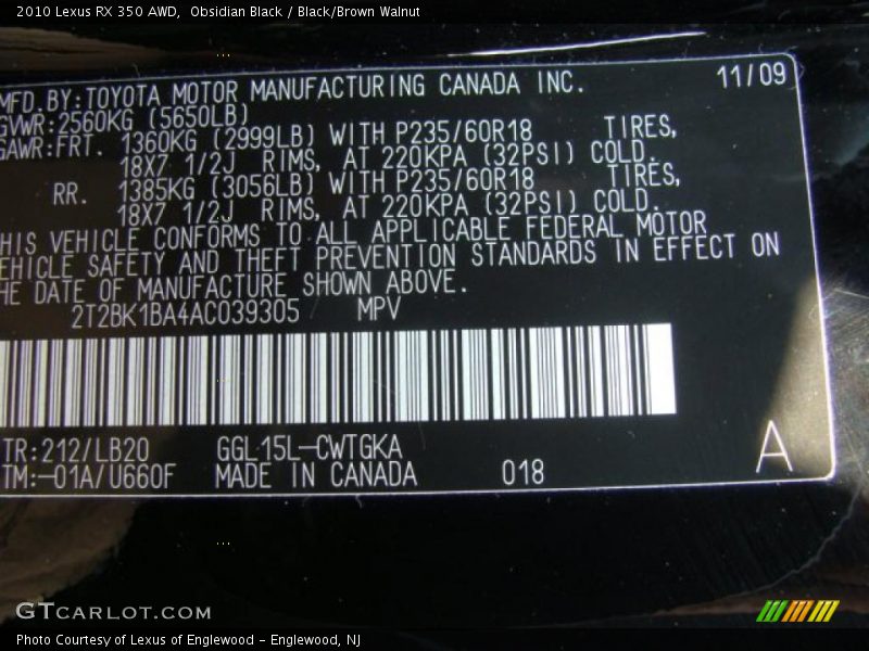Obsidian Black / Black/Brown Walnut 2010 Lexus RX 350 AWD