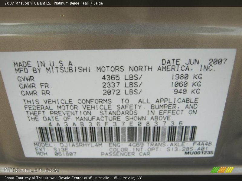 Platinum Beige Pearl / Beige 2007 Mitsubishi Galant ES