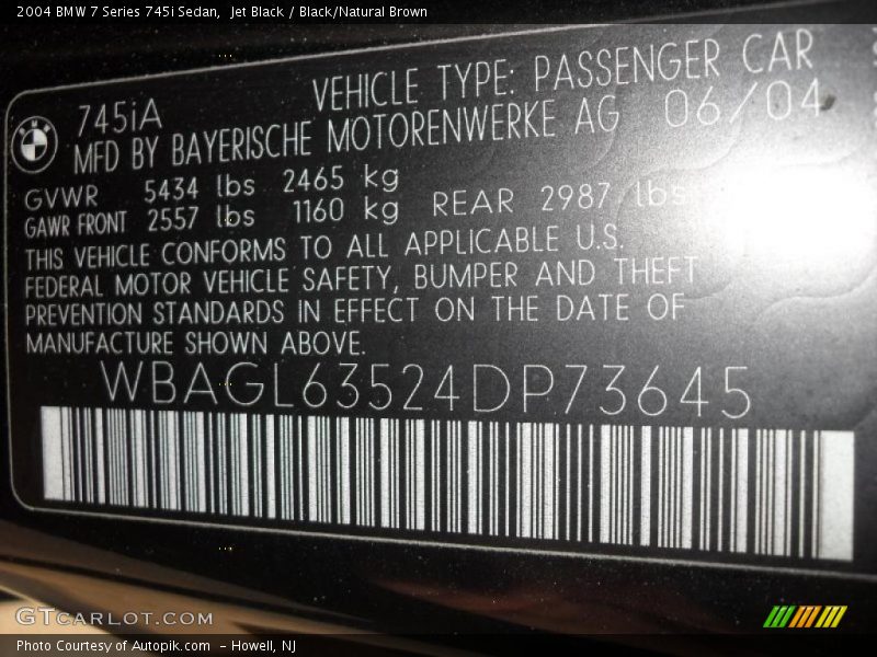 Jet Black / Black/Natural Brown 2004 BMW 7 Series 745i Sedan