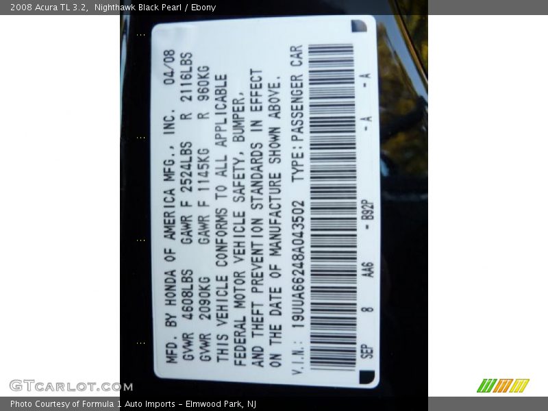 Nighthawk Black Pearl / Ebony 2008 Acura TL 3.2