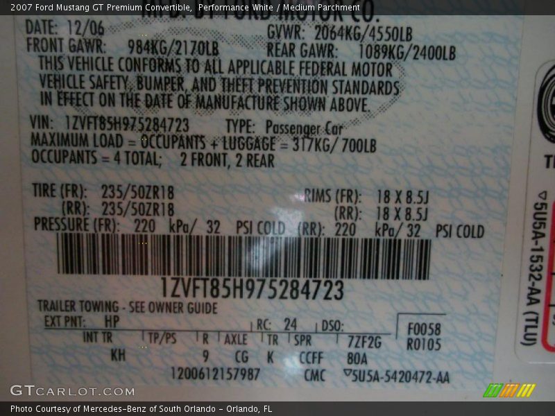 Performance White / Medium Parchment 2007 Ford Mustang GT Premium Convertible