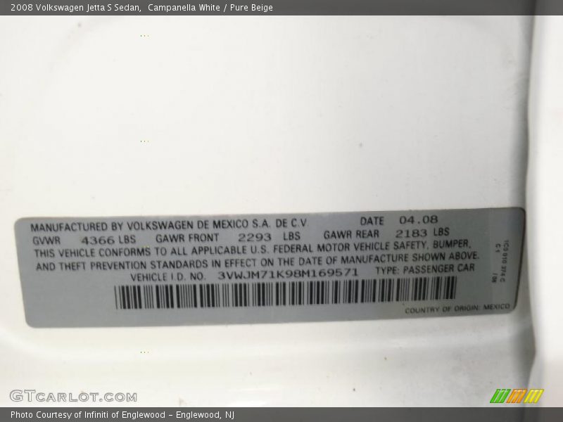 Campanella White / Pure Beige 2008 Volkswagen Jetta S Sedan