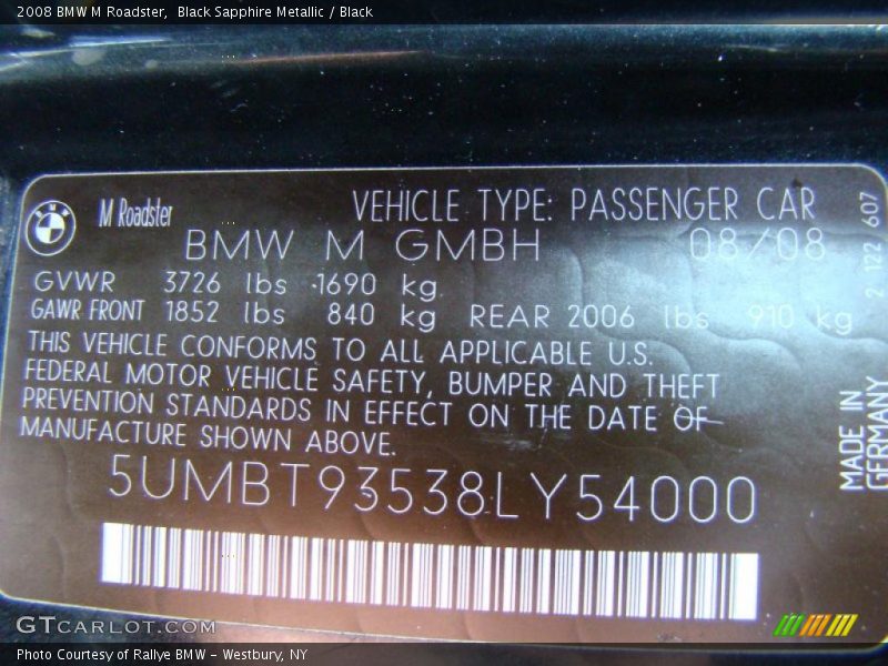 Black Sapphire Metallic / Black 2008 BMW M Roadster