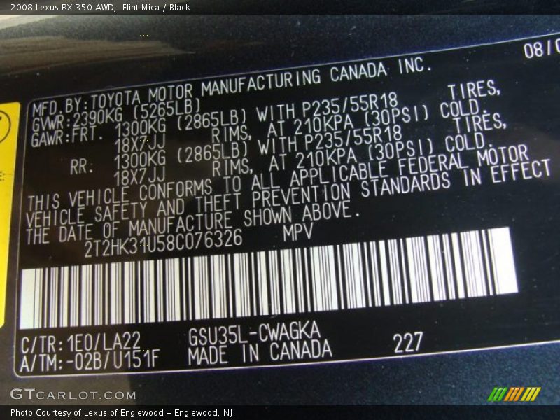 Flint Mica / Black 2008 Lexus RX 350 AWD