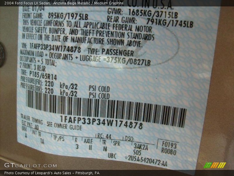 Arizona Beige Metallic / Medium Graphite 2004 Ford Focus LX Sedan